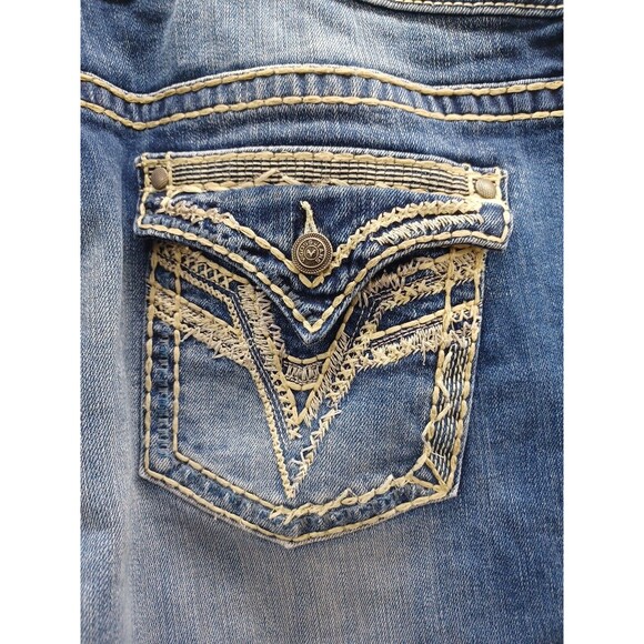 Vigoss Jean Denim Shorts Blue Flap Pockets Womens Raw Hem Embroidery Sz 24 - Picture 3 of 9